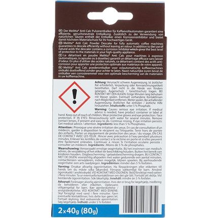 Melitta 178582 Coffee Machine Descaler Anti Calc Espresso 2 Powder Bags 40G