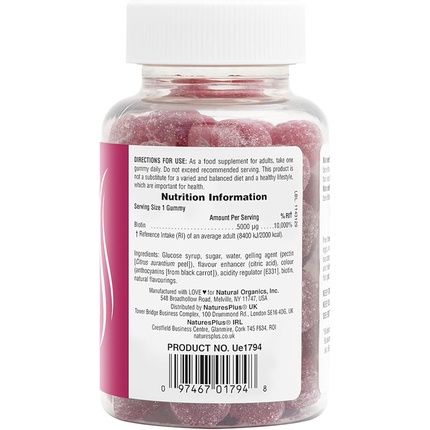Naturesplus Gummies Biotin 5000Mcg Stronger Hair Vibrant Skin Brain Metabolism Immune Energy Support Vegan Gluten Free Raspberry Flavour 60 Gummies