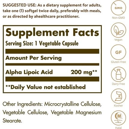 Solgar Alpha Lipoic Acid 200mg Vegetable Capsules Antioxidant 50 Count
